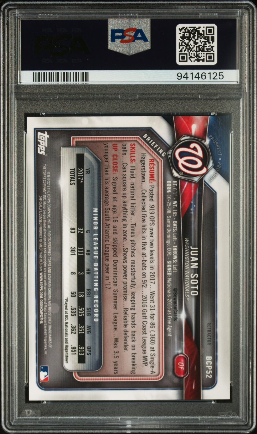 2018 Bowman Prospects Chrome #52 Juan Soto Refractor PSA 9 — Back