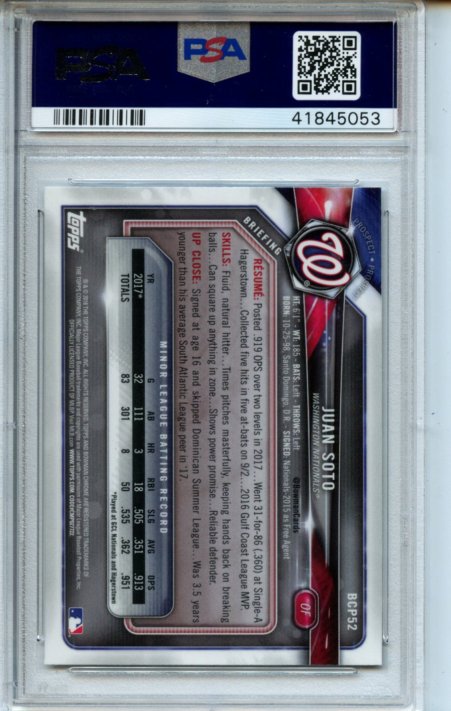 2018 Bowman Mega Box #BCP52 Juan Soto Chrome PSA 10 — Back