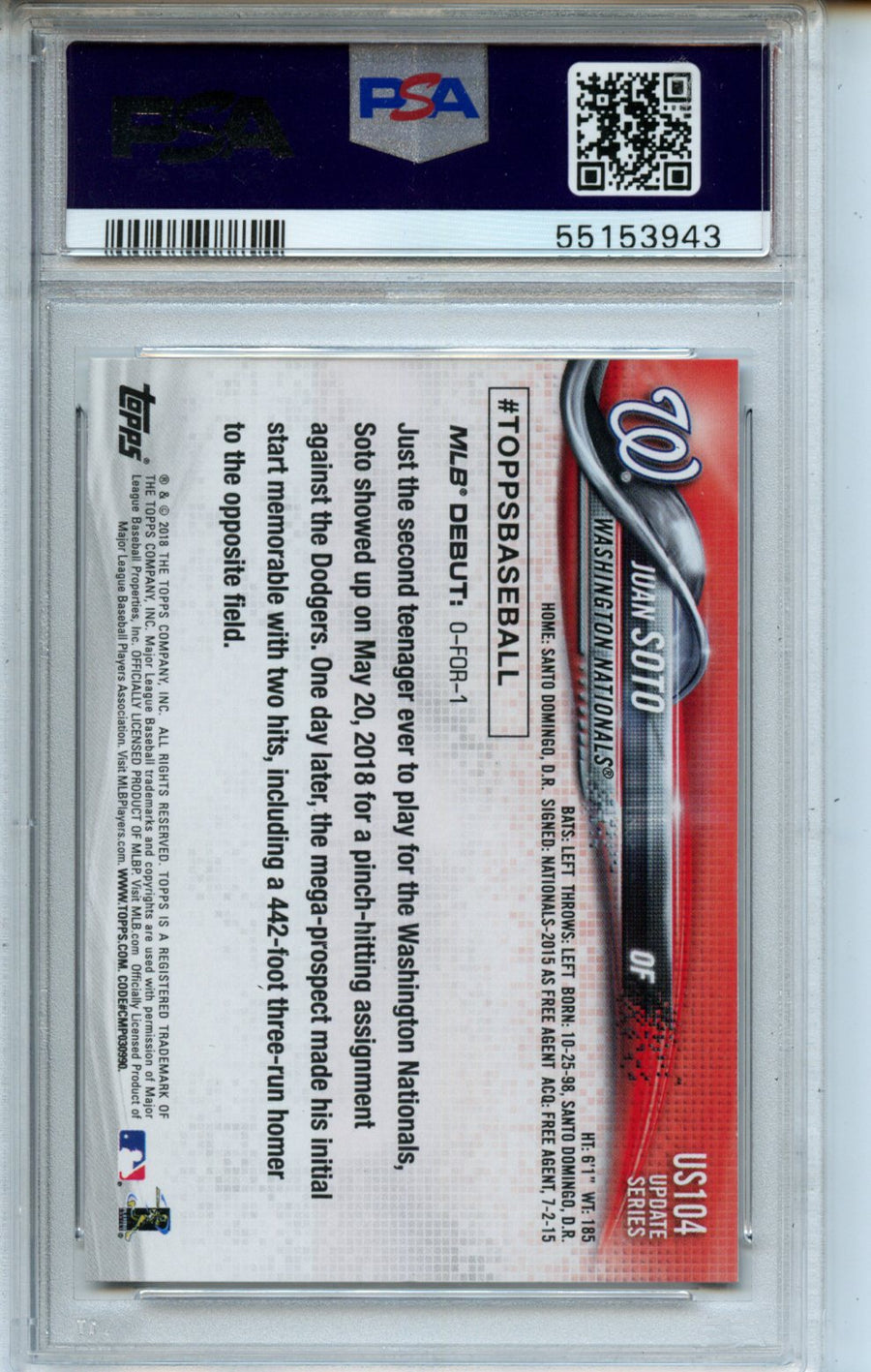 2018 Topps Update #US104 Juan Soto RC PSA 10 — Back