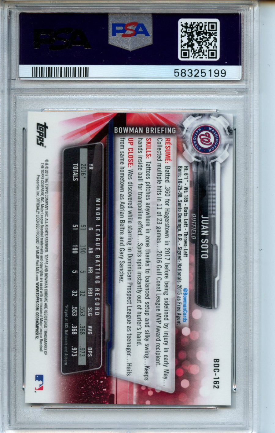 2017 Bowman Draft #BDC162 Juan Soto Chrome PSA 10 — Back
