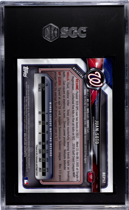 2018 Bowman Chrome Prospects #BCP52 Juan Soto Blue Shimmer Refractor SGC 10 — Back