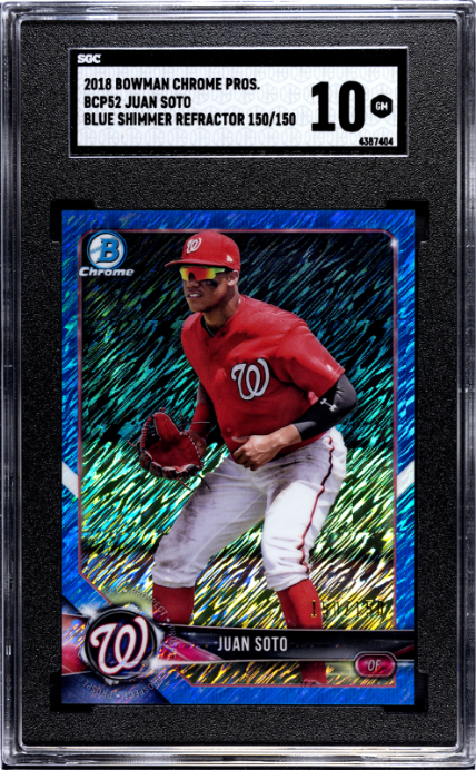 2018 Bowman Chrome Prospects #BCP52 Juan Soto Blue Shimmer Refractor SGC 10 — Front