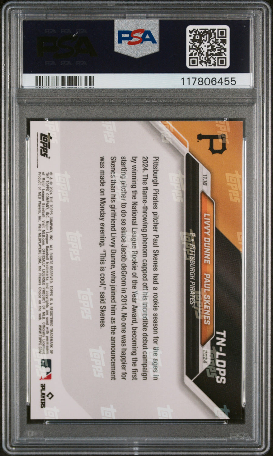 (1)2024 Topps Now Offseason #TNLDPS L.Dunne/P.Skenes PSA 10 — Back