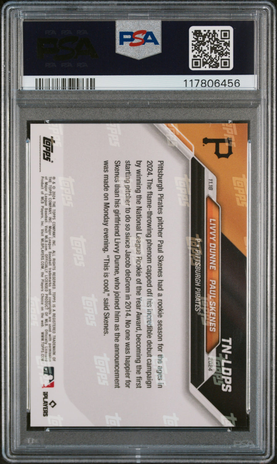 (2)2024 Topps Now Offseason #TNLDPS L.Dunne/P.Skenes PSA 10 — Back