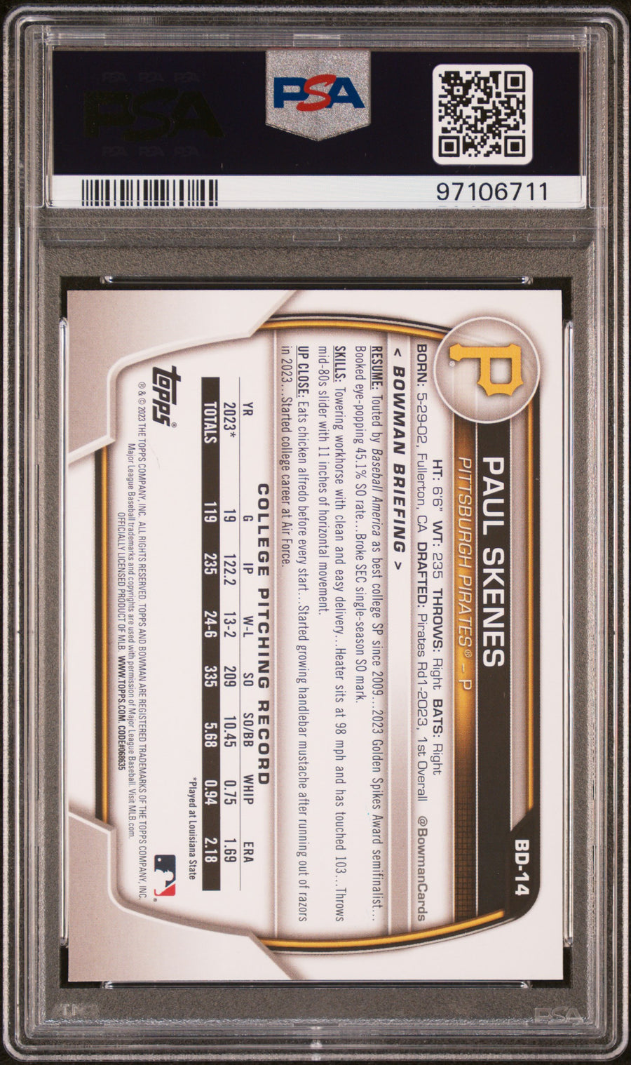 2023 Bowman Draft #BD14 Paul Skenes PSA 10 — Back