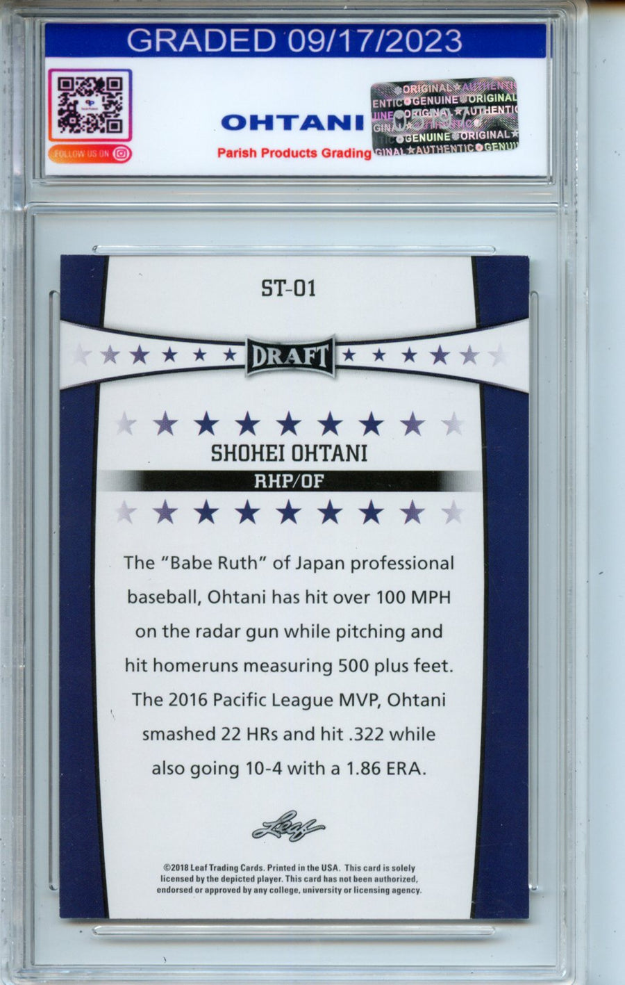 2018 Leaf Draft Year #ST-01 Shohei Ohtani RC Prish Products Grading 10 — Back