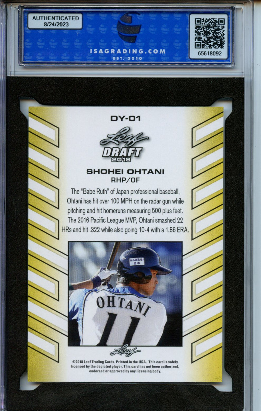 2018 Leaf Draft #DY-01 Shohei Ohtani ISA 10 — Back