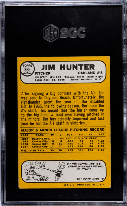 1968 Topps #385 Jim Hunter SGC 2 — Back