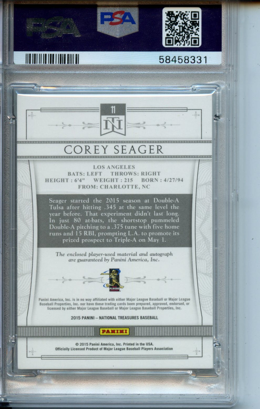 2015 Panini National Treasures Material Autographs #11 Corey Seager Silhouette Gold PSA 9 — Back