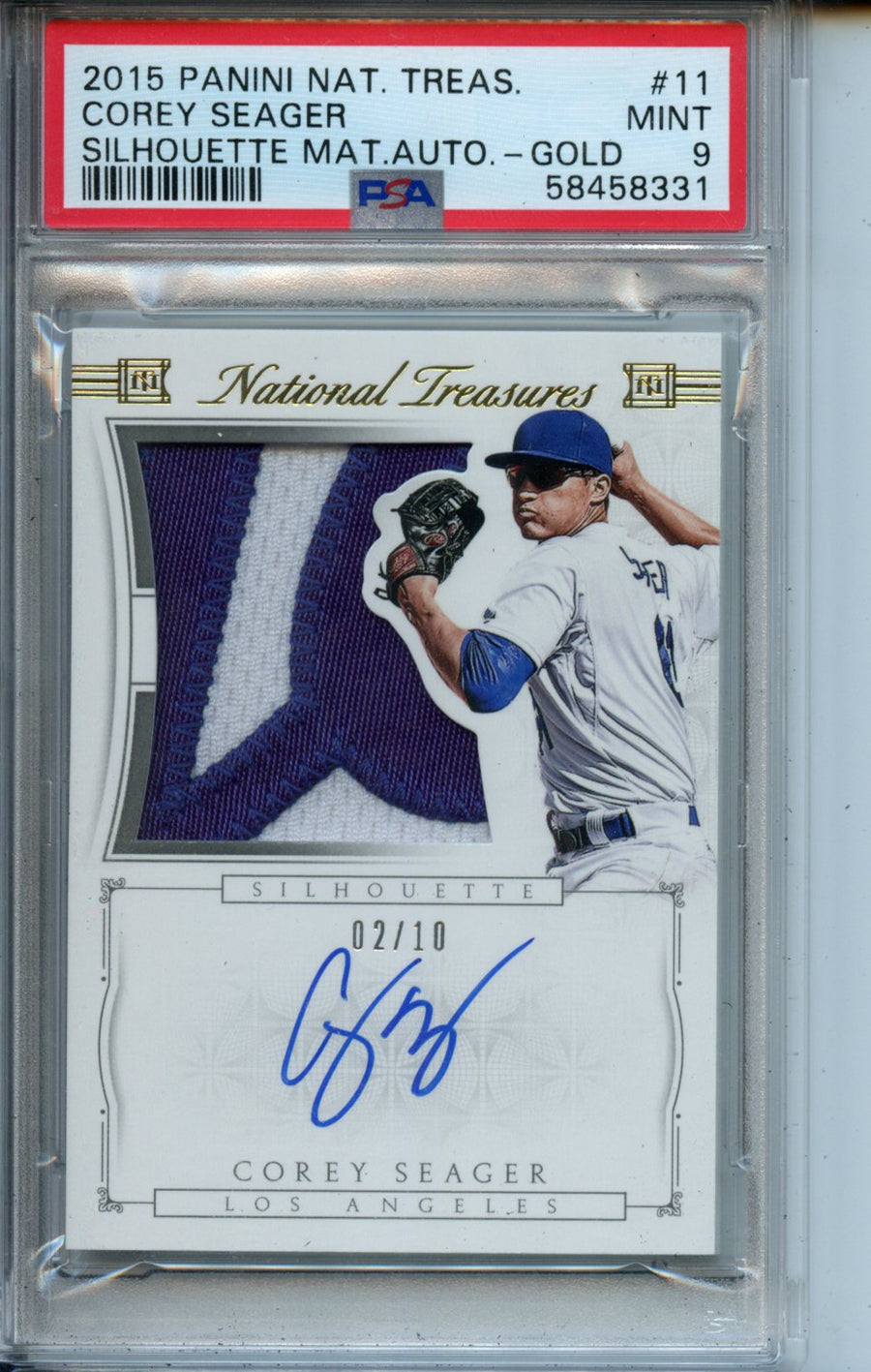 2015 Panini National Treasures Material Autographs #11 Corey Seager Silhouette Gold PSA 9 — Front