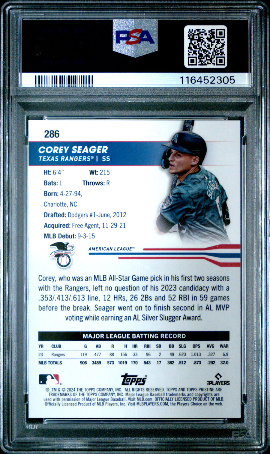 2024 Topps Pristine #286 Corey Seager Gold Refractor PSA 10 — Back
