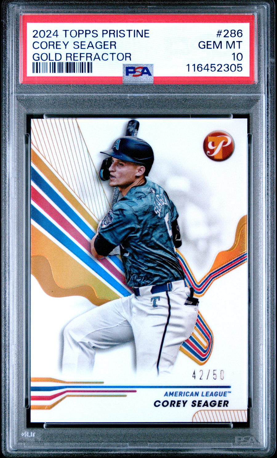 2024 Topps Pristine #286 Corey Seager Gold Refractor PSA 10 — Front