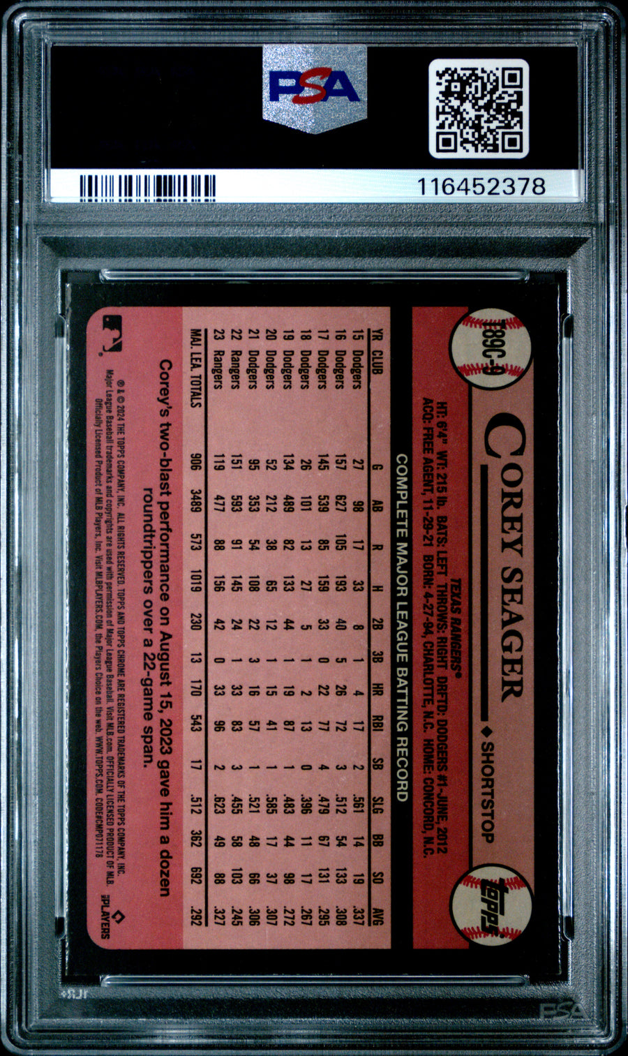2024 Topps Silver Pack 1989 Chrome Promo #T89C9 Corey Seager PSA 6 — Back