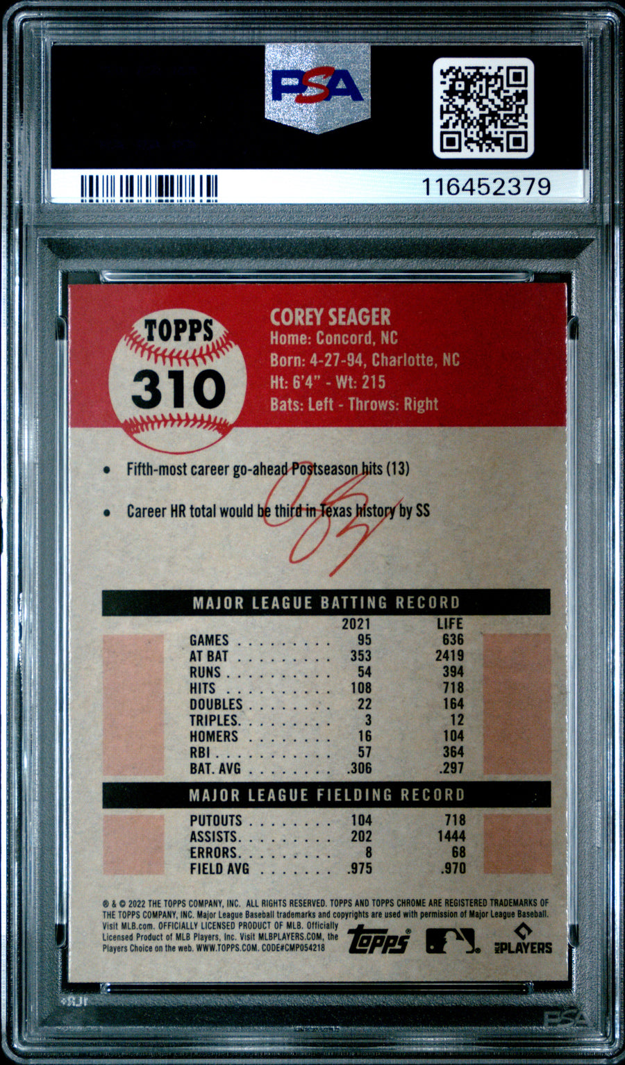 2022 Topps Chrome Platinum Anniversary #310 Corey Seager PSA 7 — Back
