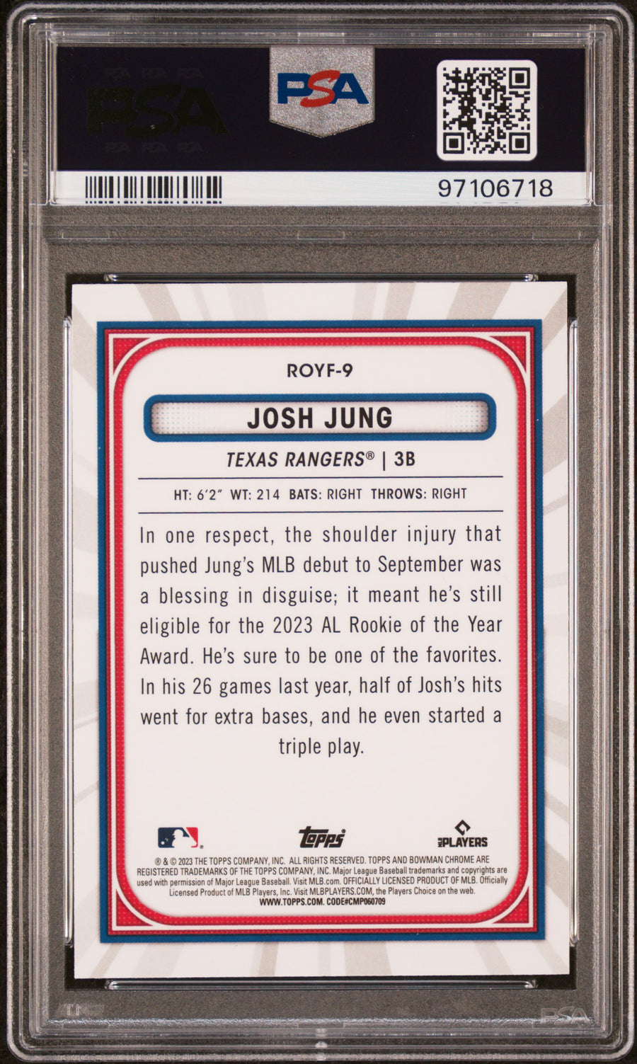 2023 Bowman Rookie Of The Year Favorites #ROYF9 Josh Jung RC PSA 10 — Back