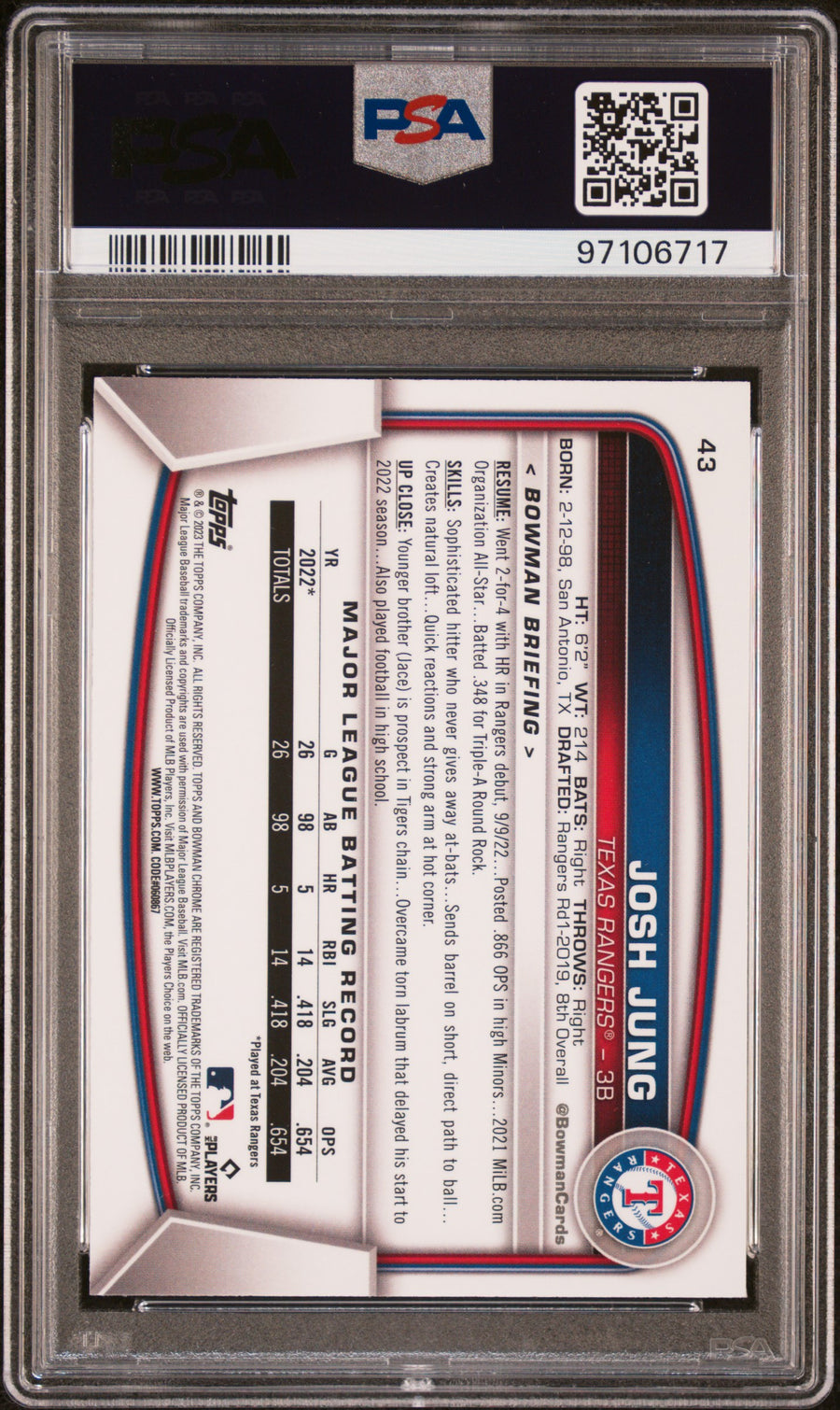 2023 Bowman Mega Box Chrome #43 Josh Jung Chrome RC PSA 10 — Back
