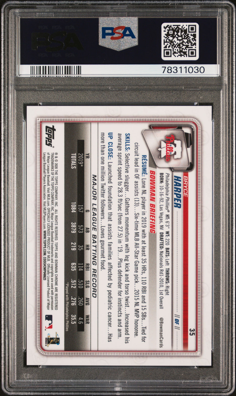 2020 Bowman Chrome #35 Bryce Harper Green Refractor PSA 9 — Back