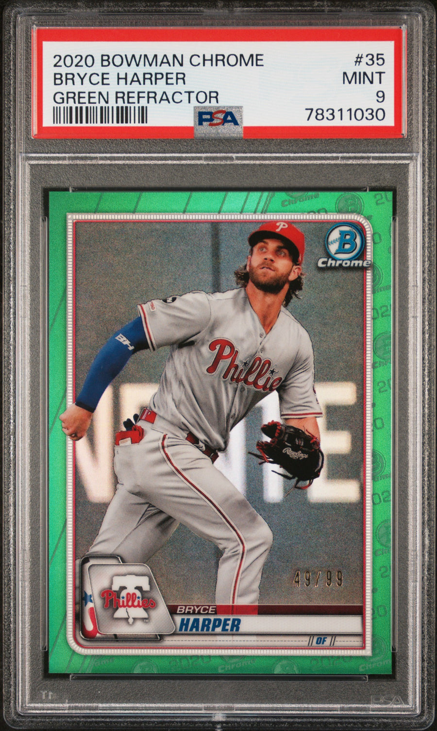 2020 Bowman Chrome #35 Bryce Harper Green Refractor PSA 9 — Front