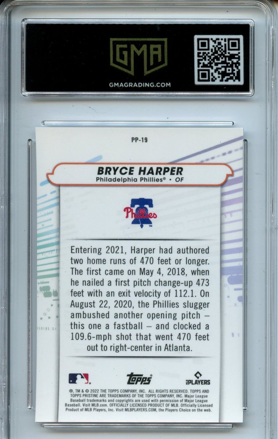 2022 Topps Pristine #PP-19 Bryce Harper Pure Power GMA 10 — Back