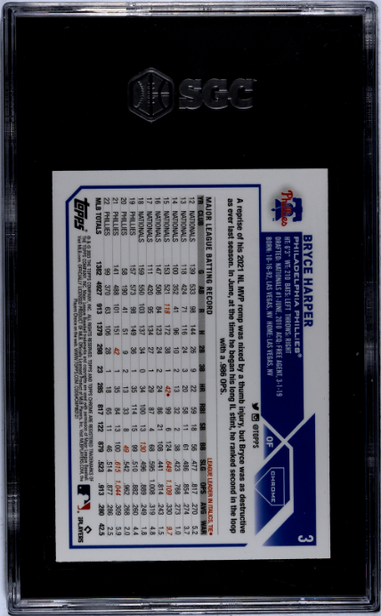2023 Topps Chrome #3 Bryce Harper SGC 9.5 — Back