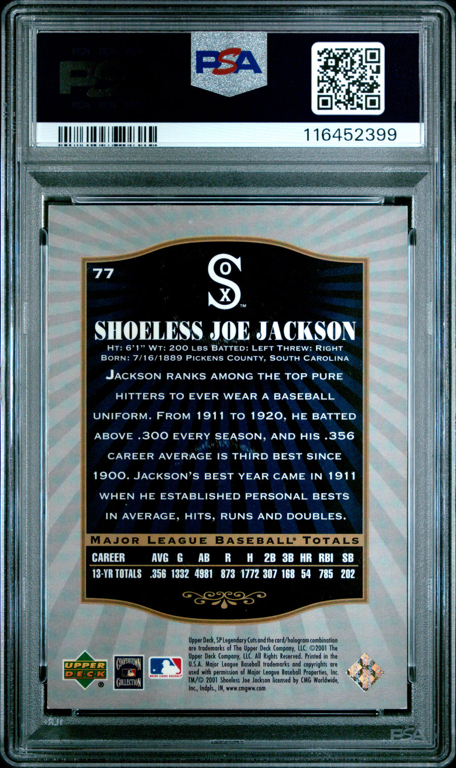 2001 Sp Legendary Cuts #77 Joe Jackson PSA 6 — Back