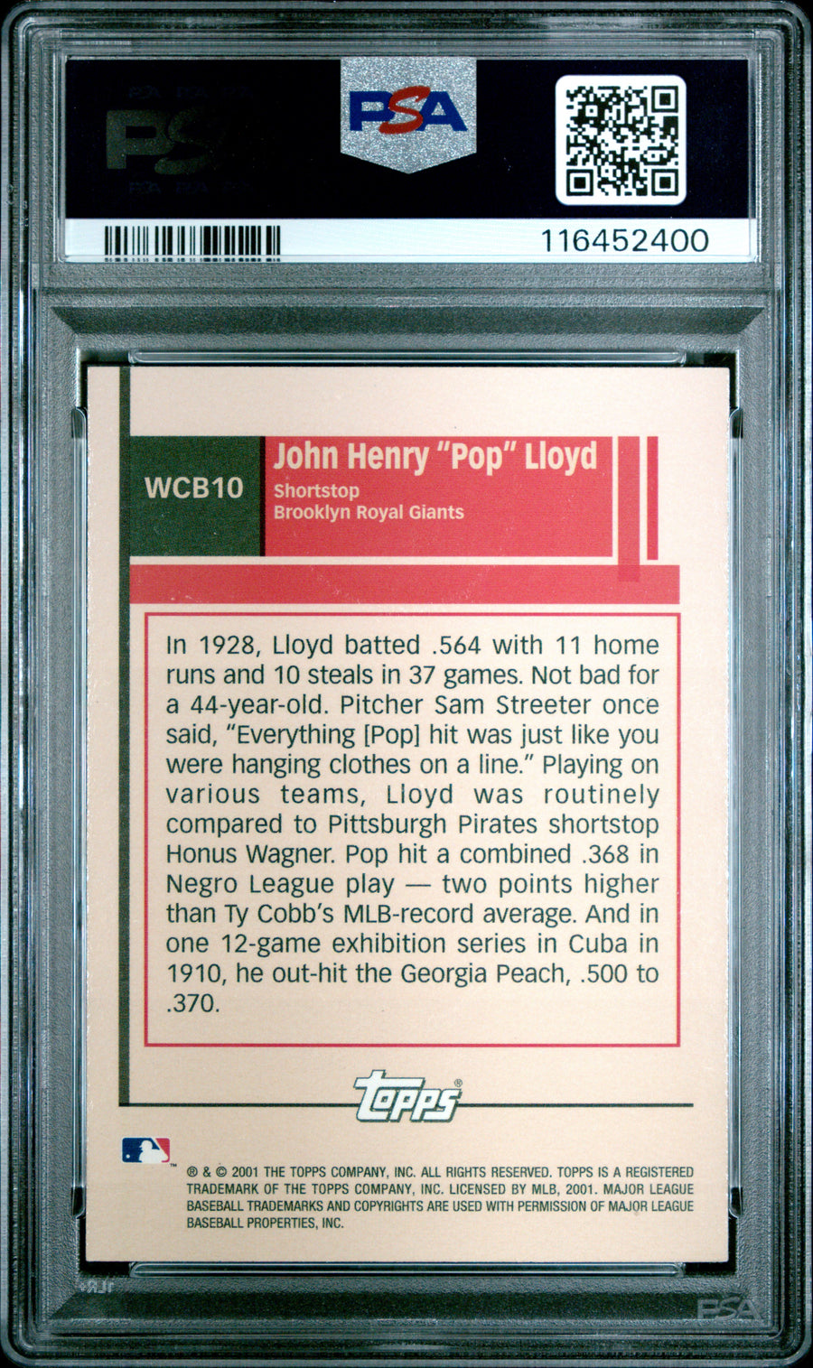 2001 Topps #WCB10 John Henry "Pop" Lloyd What Could Have Been PSA 6 — Back