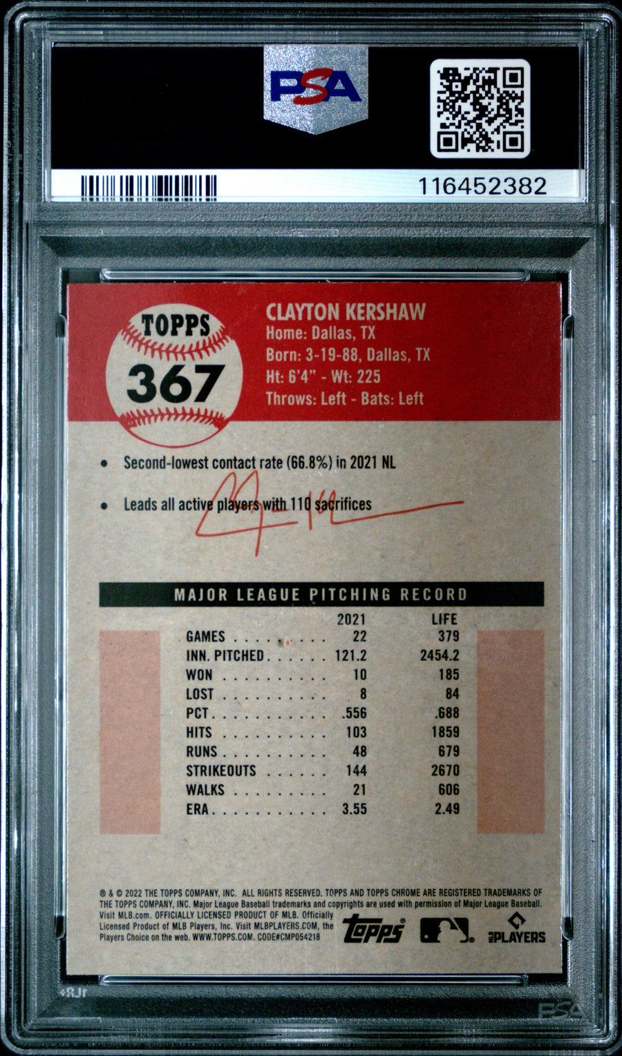 2022 Topps Chrome Platinum Anniversary #367 Clayton Kershaw PSA 9 — Back