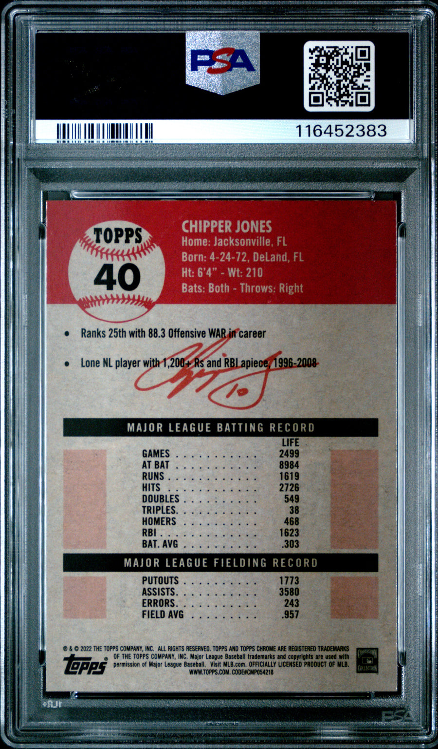 2022 Topps Chrome Platinum Anniversary #40 Chipper Jones PSA 9 — Back
