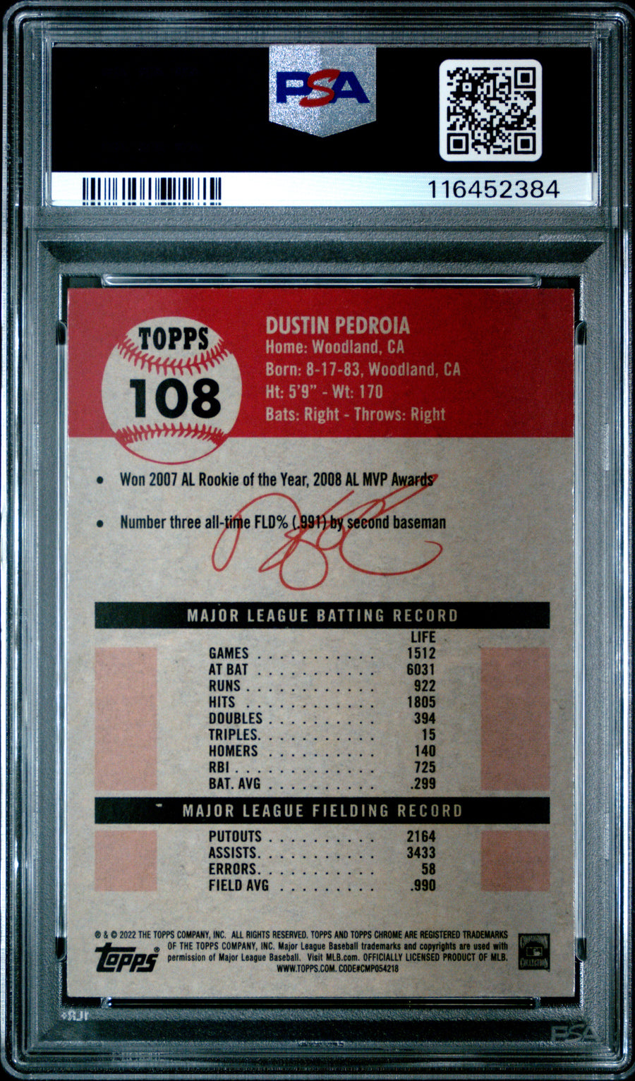 2022 Topps Chrome Platinum Anniversary #108 Dustin Pedroia PSA 9 — Back