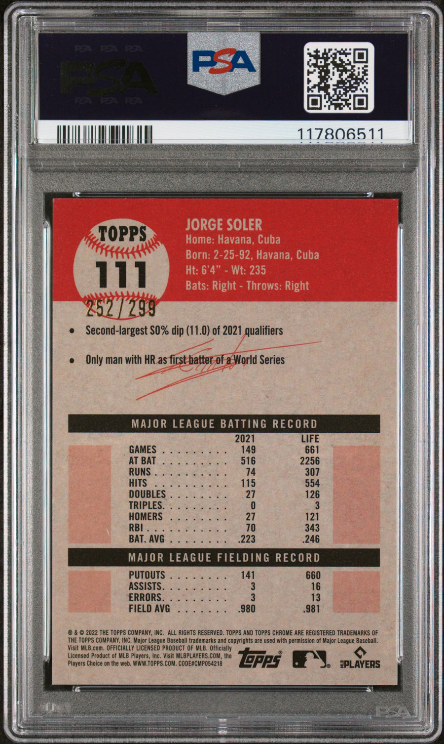2022 Topps Chrome Platinum Anniversary #111 Jorge Soler Aqua Lava Refractor PSA 9 — Back