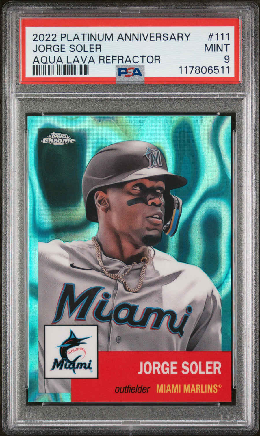 2022 Topps Chrome Platinum Anniversary #111 Jorge Soler Aqua Lava Refractor PSA 9 — Front