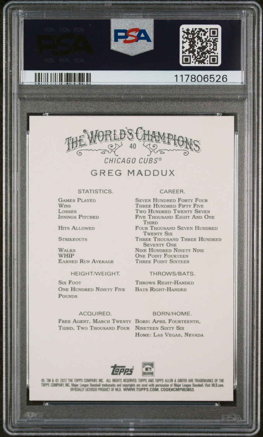 2022 Topps Allen & Ginter #40 Greg Maddux PSA 10 — Back
