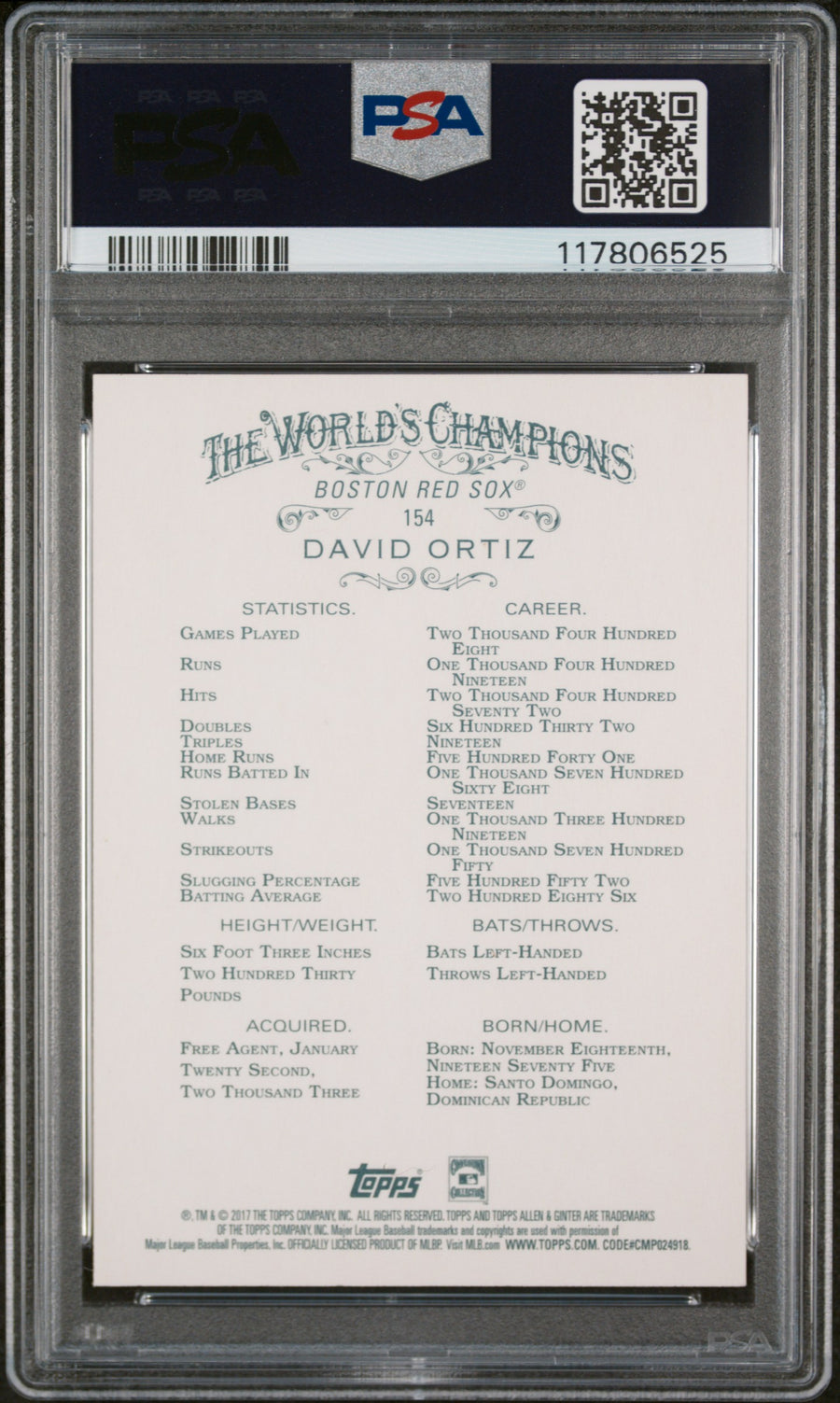 2017 Topps Allen & Ginter #154 David Ortiz PSA 10 — Back