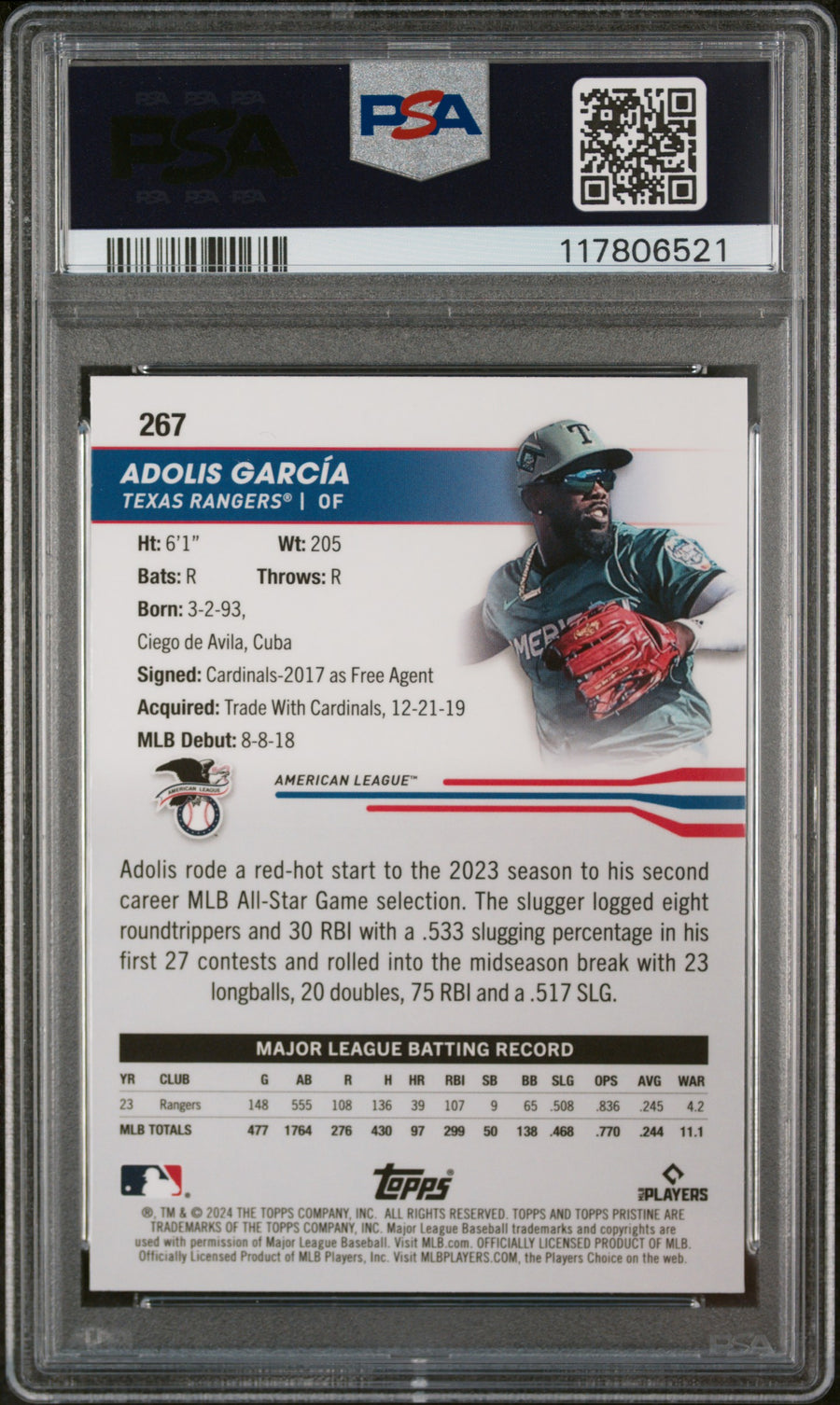 2024 Topps Pristine #267 Adolis Garcia PSA 10 — Back