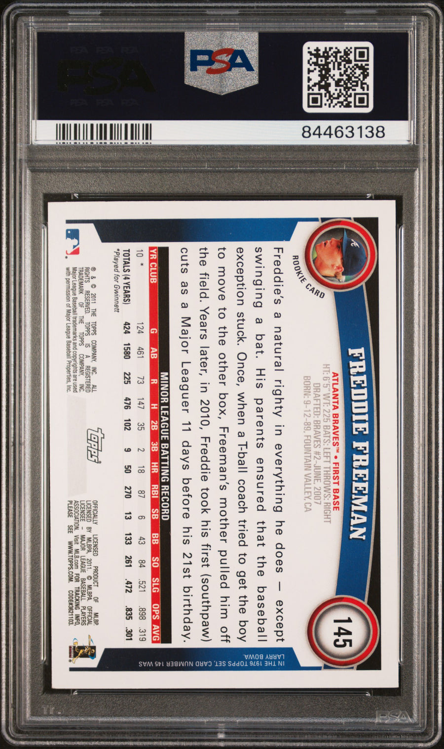 2011 Topps #145 Freddie Freeman RC PSA 8 — Back