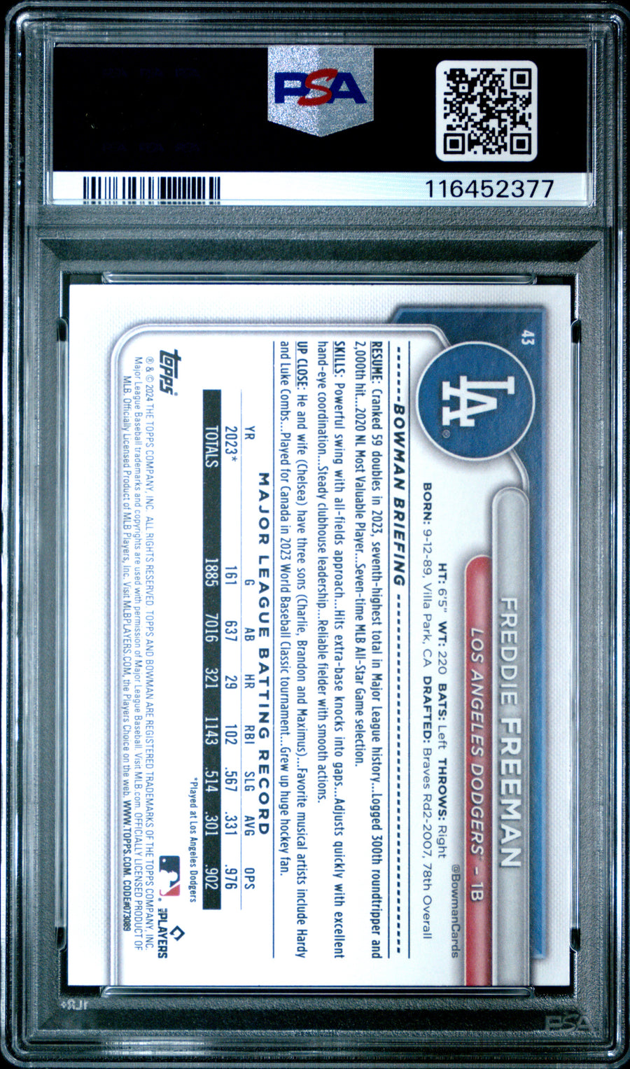 2024 Bowman #43 Freddie Freeman PSA 10 — Back