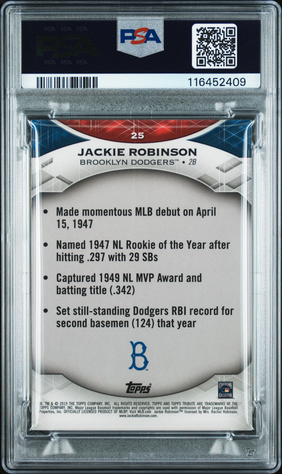 2019 Topps Tribute #25 Jackie Robinson Green PSA 9 — Back