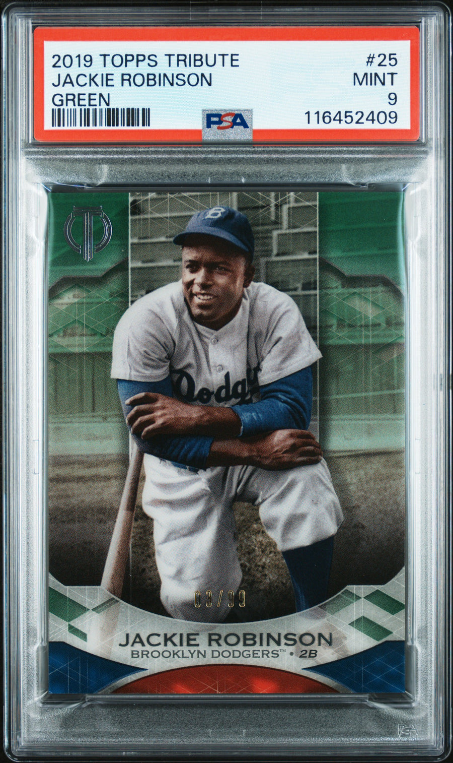 2019 Topps Tribute #25 Jackie Robinson Green PSA 9 — Front