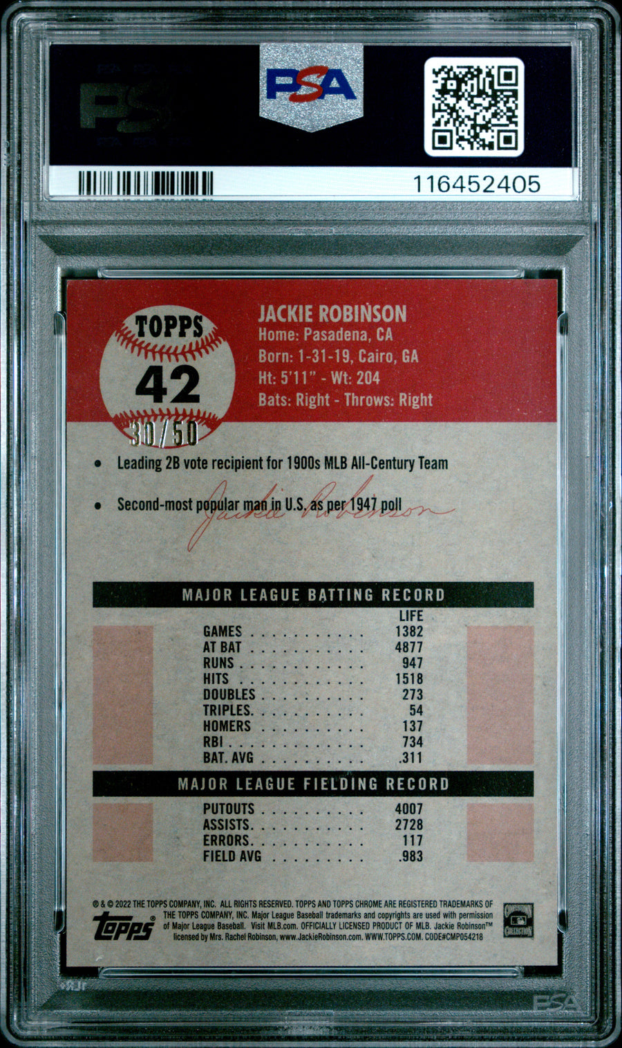 2022 Topps Chrome Platinum Anniversary #42 Jackie Robinson Gold Refractor PSA 9 — Back