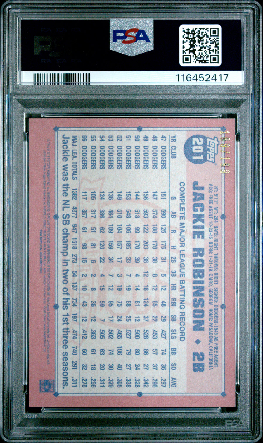 2016 Topps Archives #201 Jackie Robinson Blue Border PSA 9 — Back