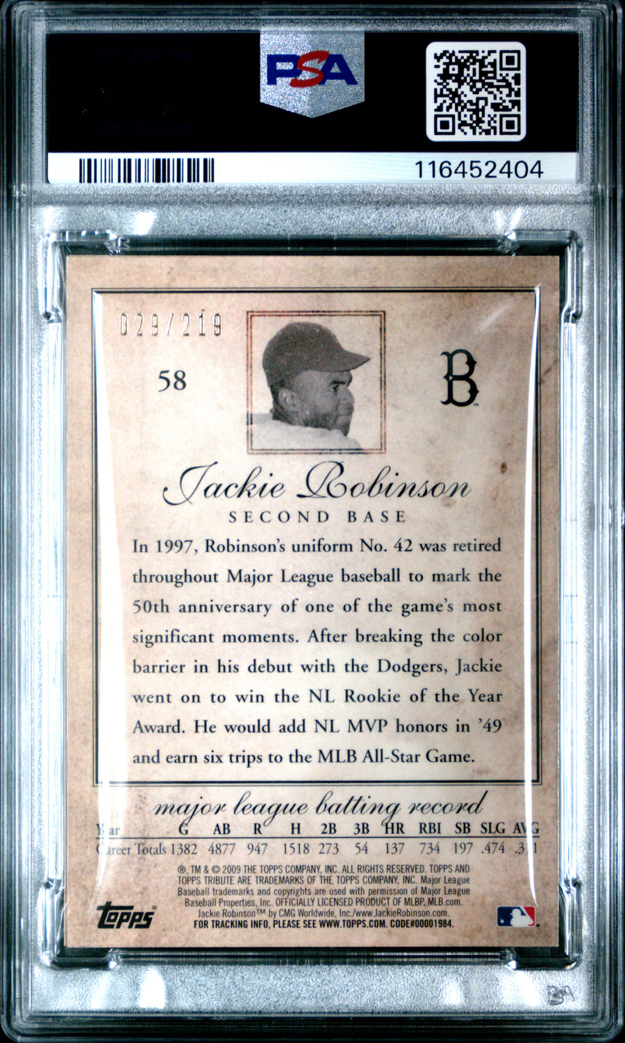 2009 Topps Tribute #58 Jackie Robinson Blue PSA 9 — Back