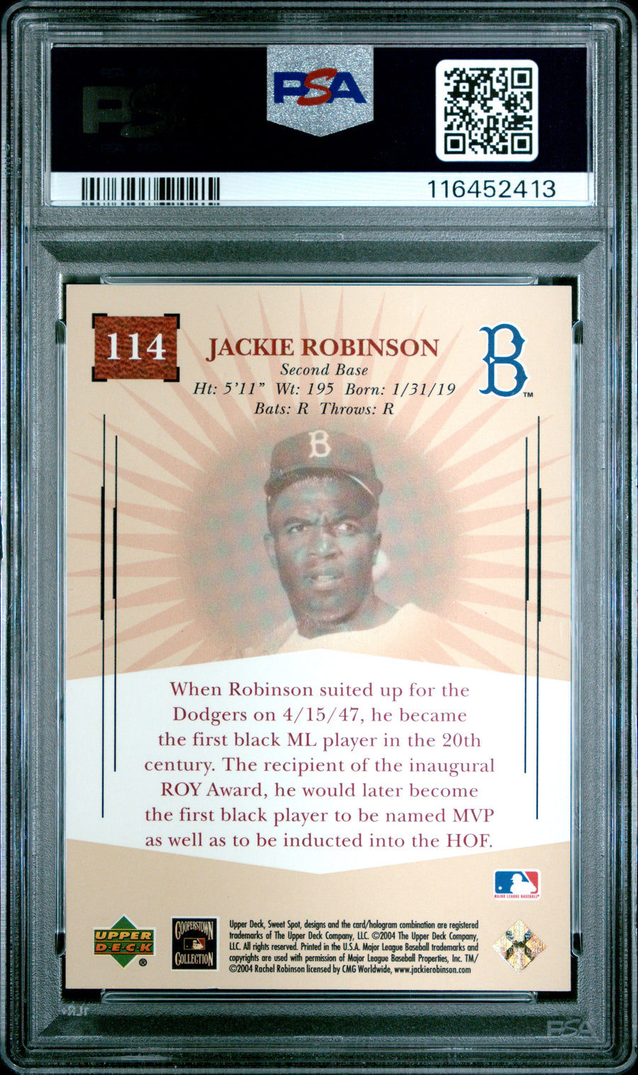2004 Upper Deck Sweet Spot Classic #114 Jackie Robinson Classic PSA 9 — Back