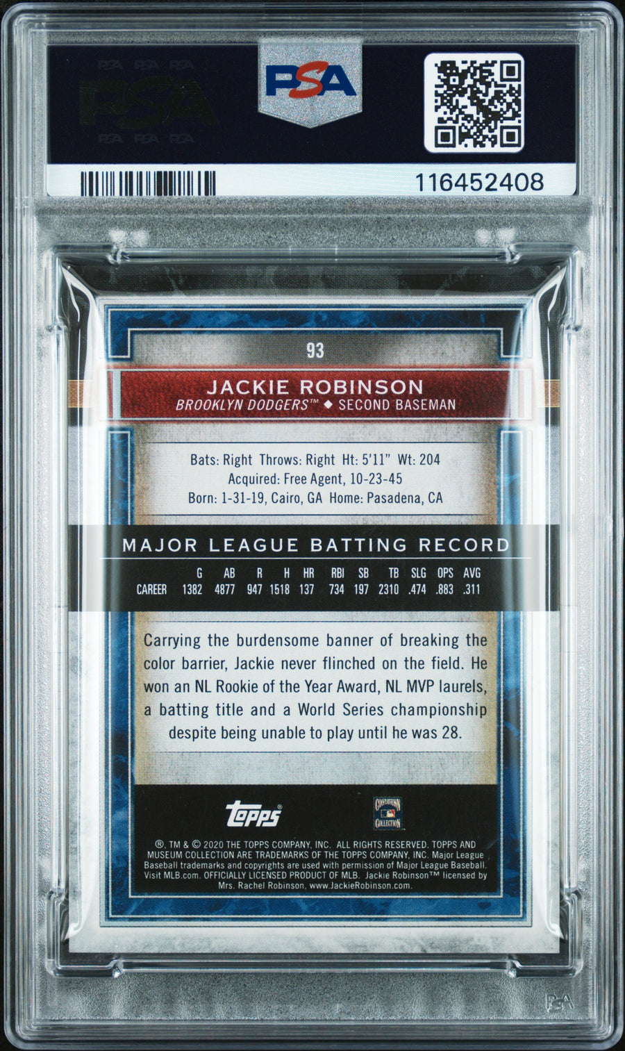 2021 Topps Museum Collection #93 Jackie Robinson Sapphire PSA 8 — Back