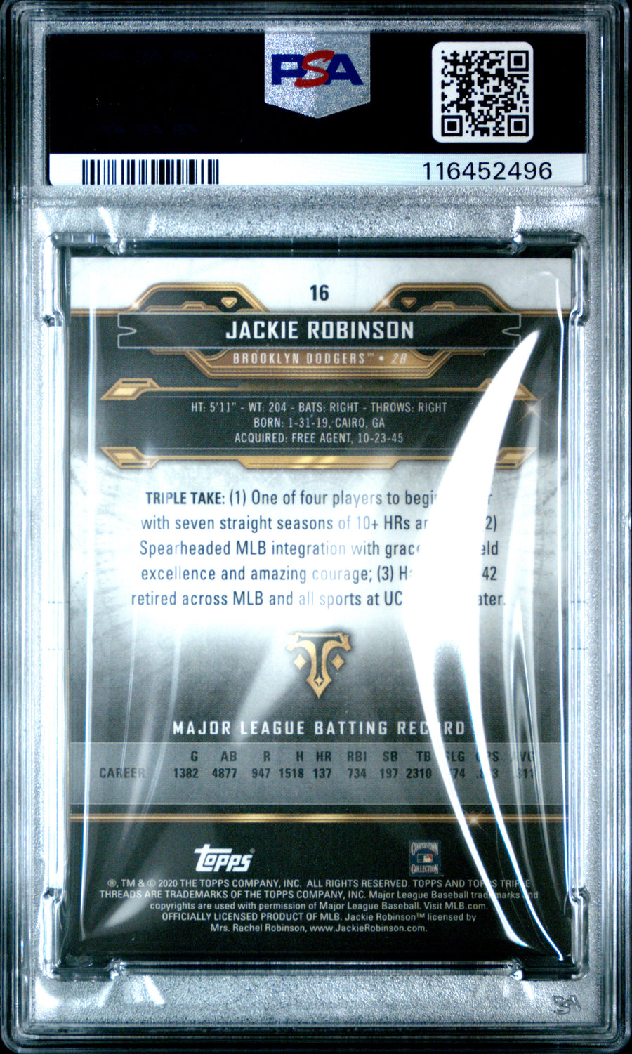 2020 Topps Triple Threads #16 Jackie Robinson Gold PSA 8 — Back