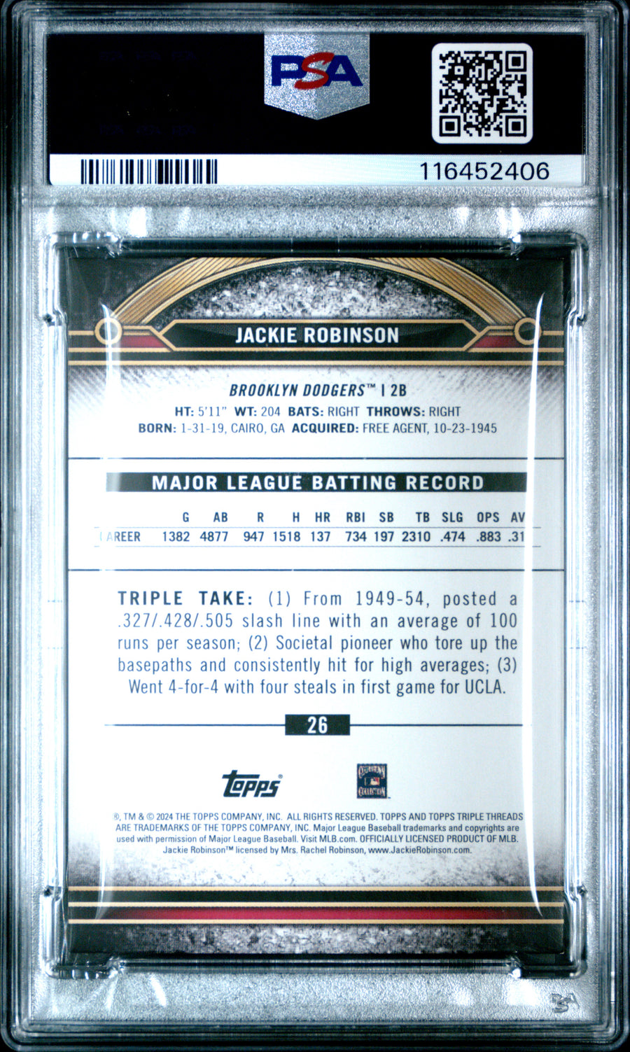 2024 Topps Triple Threads #26 Jackie Robinson Gold PSA 8 — Back
