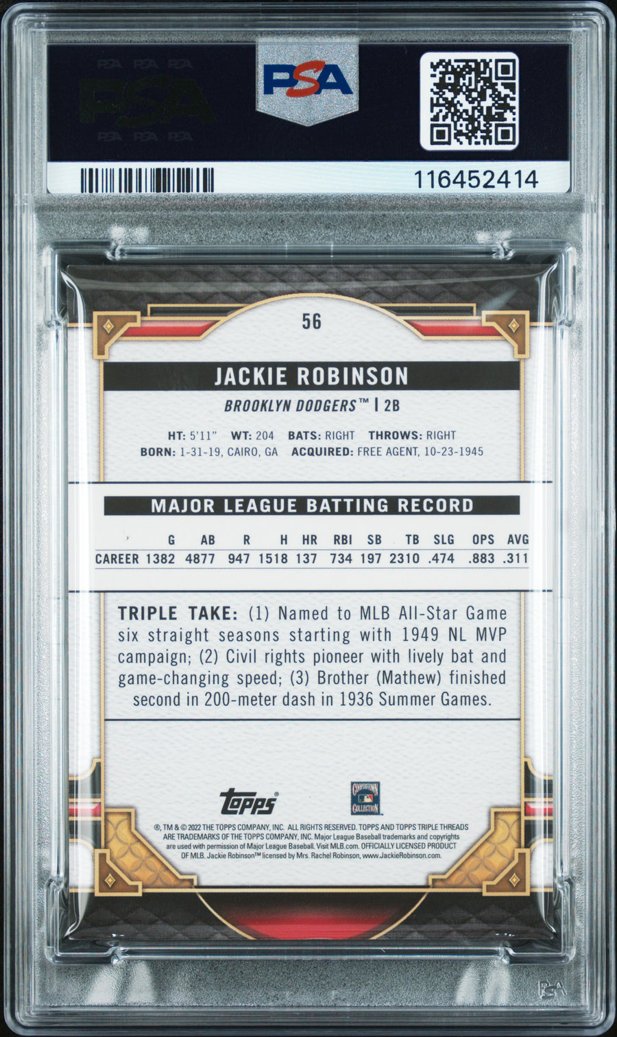 2022 Topps Triple Threads #56 Jackie Robinson Amber PSA 8 — Back
