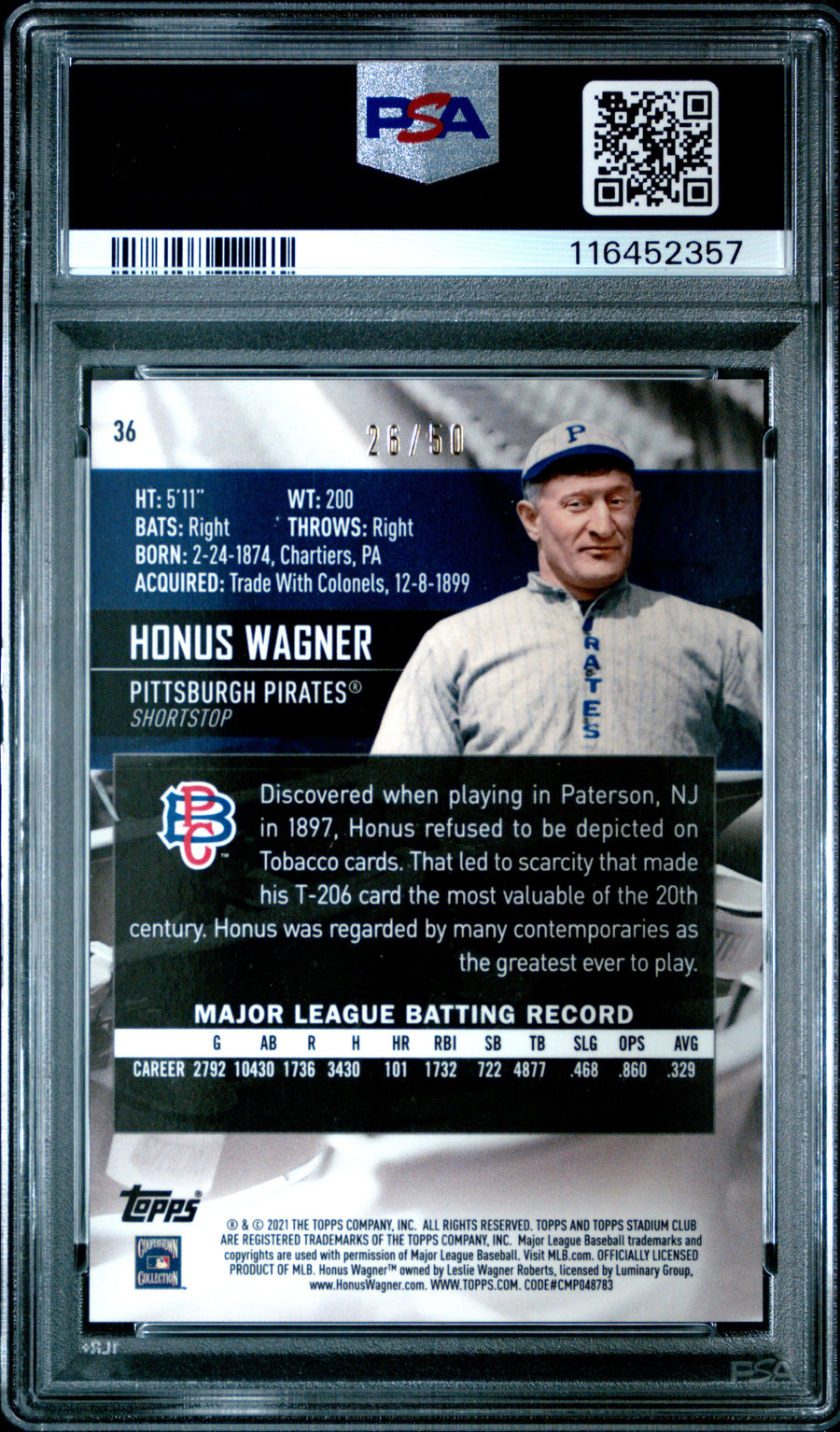 2021 Topps Stadium Club Chrome #36 Honus Wagner Gold Refractor PSA 10 — Back