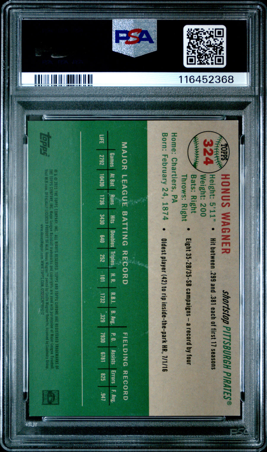 2023 Topps Chrome Platinum Anniversary #324 Honus Wagner Blue Mini Diamond Refractor PSA 10 — Back