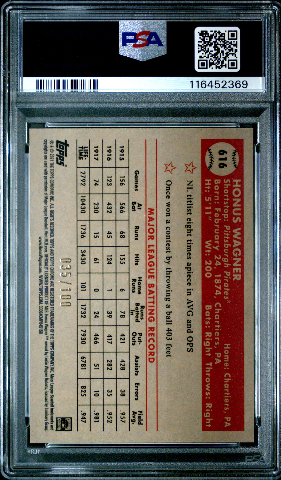 2021 Topps Chrome Platinum Anniversary #616 Honus Wagner Red Atomic Refractor PSA 10 — Back