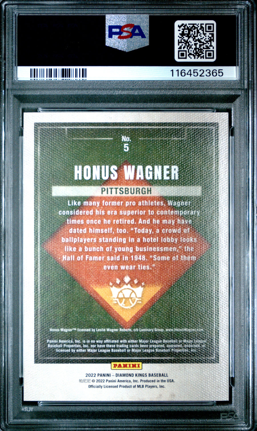 2022 Panini Diamond Kings #5 Honus Wagner Artist Proof Gold PSA 10 — Back